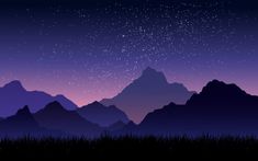 the night sky with stars and mountains in the foreground, as well as grass