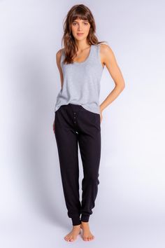 Black rib jammie pant with banded cuffs and faux 3-button fly. (6612551336036) Black Lounge Pants, Black Lounge, Best Black, Cozy Fashion, Slim Design, Lounge Pants, Black Media, Black Fabric, World's Best