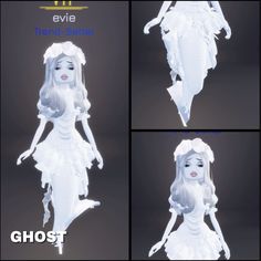 four different views of a white plastic doll with long hair and flowing veils on her head