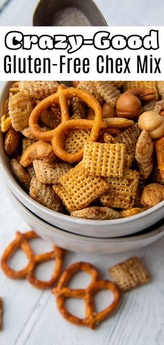 a bowl filled with crackers and pretzels next to the words crazy good gluten - free chex mix