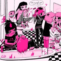 some cartoon characters are talking to each other in the bathroom with pink and black checkered walls