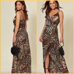 Wrap Style Maxi Dress With Front Split With Deep V, A Bare Back And Unique Print, Dress Has A Sexy And Stylish Look Animal Print Lightweight, Easy To Slip On And Off, With The Tie Waist Stacked Version, Split Design, This Cami Dress Is Sure To Make You Stand Out From The Crowd 100% Polyester New Boutique Item In Original Packaging Dress Maxi Split Tie Waist Casual Fun Daily Wear Vacation Cruise Resort Has Leopard Zebra Cheetah Prints On Dress Very Unique Chic Figure Flattering Earth Tones Bn007 Brown Summer Dress For Going Out, Fitted Maxi Dress For Going Out In Summer, Summer Brown Dresses For Going Out, Summer Maxi Dress With V-neck For Going Out, Brown Summer Maxi Dress For Party, Summer V-neck Maxi Dress For Going Out, Brown Maxi Dress For Summer Party, Brown Summer Party Maxi Dress, Summer Party Brown Maxi Dress