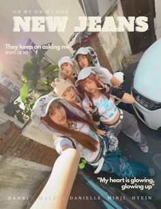 a group of young women standing next to each other near a white car with the words new jeans on it