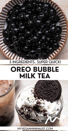 an oreo bubble milkshake is shown in two different pictures with the title overlay