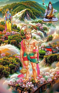 the god is standing in front of some clouds and trees, with two other deities behind him