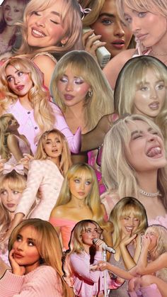 the collage shows many different women with blonde hair and makeup, including one woman in pink