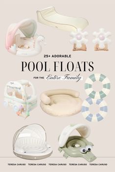 an advertisement for pool floats from the classic family, featuring baby toys and other items