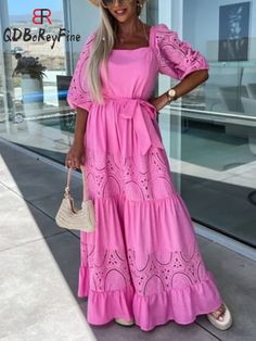 Summer Women Long Dress with Belt White Lace Hollow Out Square Collar Short Sleeve Holiday Party Tie Up Dress, Vacation Maxi Dress, Vestidos Color Rosa, Ikat Pinggang, Cut Clothes, Elegant Party Dresses, Tie Waist Dress, Sleeves Clothing, Styl Boho