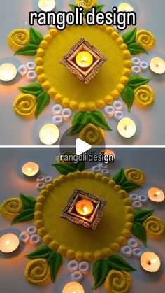 two pictures with candles in them and the words rangoli design written on each one