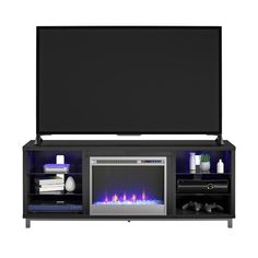 an entertainment center with a fireplace and television on it's stand, in front of a white background