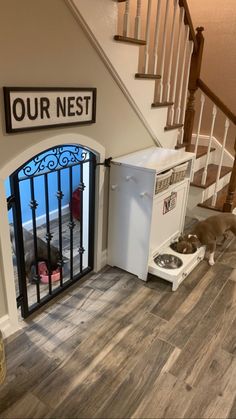 Our dogs needed their own space so we built this. Dog Rooms Under Staircase, Dog Cave Under Stairs, Dog Condo Under Stairs, Built In Dog Kennel Under Stairs, Under Stair Dog Space, Dog Area Under Stairs, Dog Bedroom Ideas, Stairs Dog House, Dog Under Stairs