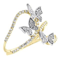 This exquisite diamond Butterfly Fashion Ring, casted in 10K Yellow Gold. Radiant with 0.37 ct. t.w. of Round diamonds and a bright high polished shine. This statement ring will sparkle for a lifetime, a look she'll always treasure. Diamonds are held by Prongs between the gold mounting in a butterfly design. The diamonds are machine set precisely to give it a smooth uniform flow. Solid mounting, the ring weighs approx. 2.3 gr. All diamonds in this ring are matching in clarity and color. Currentl Diamond Accents Butterfly Promise Ring, Fine Jewelry Butterfly Ring With Diamond Accents For Promise, Yellow Gold Butterfly Ring With Diamond Accents, Diamond White Butterfly Ring With Brilliant Cut, Fine Jewelry Yellow Gold Butterfly Ring With Diamond Accents, Diamond White Diamond Butterfly Ring, Anniversary Butterfly Ring With Diamond Accents In Diamond White, Diamond White Butterfly Diamond Ring, Anniversary White Gold Butterfly Ring With Diamond Accents