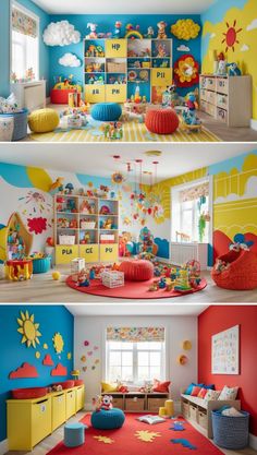 two pictures of children's room with colorful walls and furniture