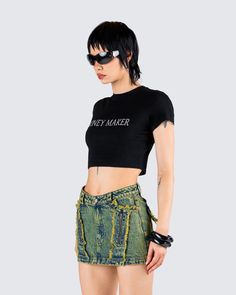 Money maker 🤑 This black jersey graphic top is made from stretch jersey fabric, and is complete with short sleeves, and a cropped fit. Make their pockets hurt, bby 🖤 Black Off Shoulder, Racing Jacket, Black Jersey, Graphic Top, White Jersey, Pink Sequin, Sequin Mini, Sequin Mini Dress, Knit Crop