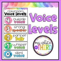 a poster with the words voice levels in different colors and styles, including one for each child