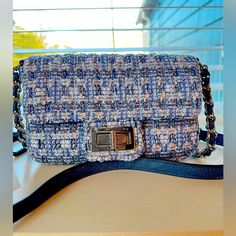 Karl Lagerfeld Mini Agyness Tweed Shoulder Bag New With Tags Chic Blue Bag With Cc Turnlock Closure, Blue Rectangular Shoulder Bag With Cc Turnlock Closure, Luxury Tweed Shoulder Bag, Designer Tweed Bags For Everyday Use, Designer Tweed Shoulder Bag Rectangular, Designer Tweed Top Handle Bag, Designer Tweed Rectangular Shoulder Bag, Blue Shoulder Bag With Cc Turnlock Closure, Luxury Tweed Rectangular Bag