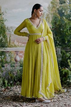 Yellow Anarkali, Long Gown Design, Anarkali Dress Pattern, Lime Yellow, Indian Dresses Traditional, Traditional Indian Outfits, Indian Gowns, Designer Party Wear Dresses, Designer Dresses Casual