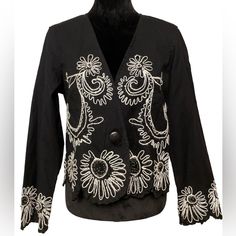 Nwt, Marisol, Black Cropped Jacket With White Embroidery With Beads, Size M Condition: New With Tag Material: See Photo Take A Look At Other Items In My Closet To Bundle And Save 15% Questions? Please Leave Me A Comment Below Spring Black Beaded Outerwear, Black Beaded Outerwear For Spring, Topshop Jacket, Black Cropped Jacket, Embroidery With Beads, Sheer Jacket, Beaded Jacket, Silk Jacket, Embroidered Jacket