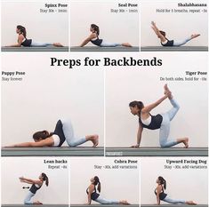 a woman doing yoga poses for backbends with the instructions to do it on her stomach