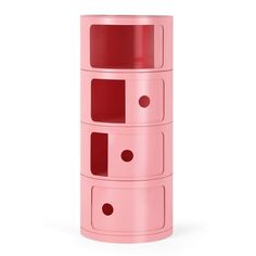 a pink cabinet with three drawers on the bottom and two black dots on the top