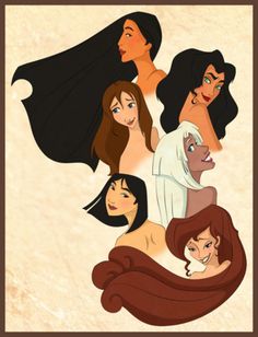 an image of four women with different hair colors and their faces are drawn in the same style