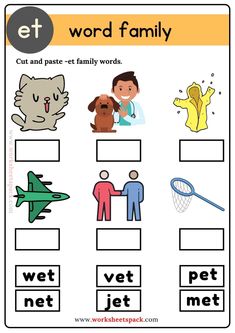 an e t word family worksheet with pictures and words to help students learn