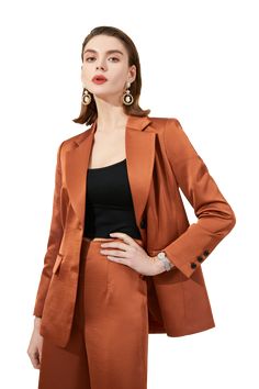 Caramel Wide Leg Loose Fit Pantsuit - FashionByTeresa Luxury Relaxed Fit Blazer With Welt Pockets, Luxury Pants With Flap Pockets For Fall, Luxury Fall Pantsuit With Pockets, Luxury Tailored Pants With Hip Pockets, Luxury Relaxed Fit Business Blazer, Luxury Fall Suit With Welt Pockets, Luxury Wide-leg Pantsuit For Fall, Luxury Fall Suits With Structured Shoulders, Luxury Business Pants For Women