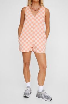 Embrace the sun in this vibrant sleeveless romper crafted from durable twill and covered in eye-catching checks. Side zip closure V-neck Sleeveless Side-seam pockets Unlined 100% cotton Machine wash, dry flat Imported Coverall Jumpsuit, Orange Fits, Sleeveless Rompers, Fabric Gift Bags, Fabric Gifts, Free Fabric, Jumpsuits For Women, Side Zip, Dream Closet