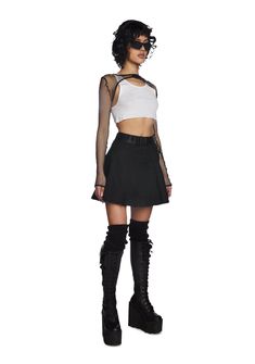 cuz you're causing a glitch in the matrix, babe! This A-line mini skirt has a pleated construction, a detachable zipper pocket pouch, and adjustable buckle belt. Edgy Pleated Skort For Alternative Fashion, Gothic Mini Skirt With Belt Loops For Alternative Fashion, Alternative Style Mini Skirt For Club, Alternative Black Pleated Mini Skirt, Edgy Mini Skort For Streetwear, Fitted Mini Skirt With Belt Loops For Alternative Fashion, Edgy Fitted Mini Cargo Skirt, Edgy Mini Skort For Alternative Fashion, Black Edgy Skort For Alternative Fashion