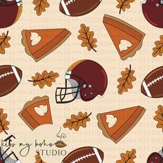 seamless pattern with footballs, leaves and other sports related items on a beige background