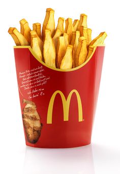 french fries in a red container with writing on the side