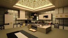 a large kitchen with lots of counter space and lights on the ceiling above it,