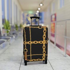 Travel Suitcase Cover, Wheeled Suitcase, Black and Gold Luggage Cover, Personalized Luggage Protector, Custom Luggage Wrap, Luggage Decor **Handmade with Production Assistance ** Protect luggage from nasty scratches and accidental swaps at the baggage carousel. These covers slide on quickly and feature multiple slits on the left side for easy access to the handles. .: Material: 95% polyester, 5% spandex .: Left-side and top slits for easy access to your luggage handles .: Black zipper on the bot Black Travel Cases With Luggage Sleeve, Black Rectangular Travel Cases, Gold Rectangular Travel Cases, Black Rectangular Luggage Sleeve Bag, Black Rectangular Bag With Luggage Sleeve, Rectangular Black Travel Accessories For Business Trips, Black Rectangular Luggage For Trips, Black Rectangular Luggage With Sleeve, Black Rectangular Cases With Luggage Sleeve