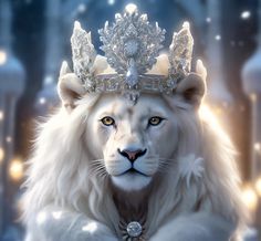 a white lion wearing a tiara and sitting in front of snow covered trees with lights