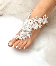 Wedding Pearl Barefoot sandals, Embroidered Sandals, White or Ivory Barefoot ,Lace Sandals, Wedding Anklet, Beach Barefoot Sandals-SD004 -- This is a beautiful, hand-made bridal barefoot sandal made with french lace.  One order is one pair (2 pcs). Quantity: 1 pair (2 pcs) White Toe Post Sandals For Beach, Summer Wedding Open Toe Shoes For Ceremony, Summer Wedding Ceremony Shoes With Ankle Strap, Cream Open Toe Wedding Shoes For Summer, White Sandals For Summer Ceremonies, White Ankle Strap Anklets For Destination Wedding, White Summer Ceremony Sandals, Lace Open Toe Sandals For Weddings, White Barefoot Sandals For Spring Party