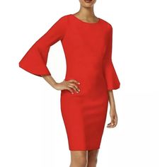 Beautiful And Elegant Calvin Klein Red Bell Sleeve Dress Brand New!! 3/4 Sleeve With Flounces. Metal Zipper In The Back! Size 4 Color Red Chic Red Dress With 3/4 Sleeves, Red 3/4 Sleeve Dress For Work, Red Fitted Dress With 3/4 Sleeves, Elegant Red Midi Dress With 3/4 Sleeves, Red Midi Dress With 3/4 Sleeves, Chic Red Half Sleeve Dress, Red 3/4 Sleeve Midi Dress For Fall, Red Midi Dress With 3/4 Sleeves For Fall, Red Half Sleeve Dress For Fall