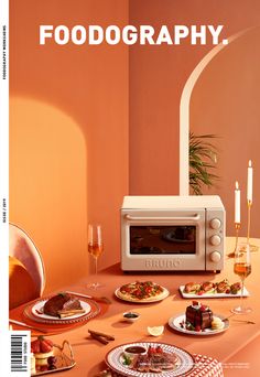 a magazine cover with food on the table and an image of a microwave in the middle