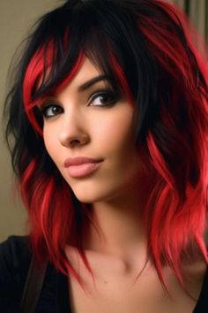 Spiky Bangs Long Hair, Black Streaks In Red Hair, Bright Red Hair With Bangs, Edgy Hair With Bangs, Red Strands In Hair, Black And Red Short Hair, Red Hair With Black Tips, Black And Red Hair Ideas, Highlight Hair Ideas