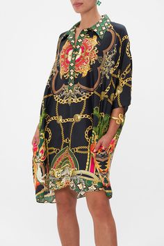 Collared Shirt Kaftan, Jealousy And Jewels | CAMILLA US – CAMILLA Silk Printed Long Sleeve Tunic, Printed Silk Tunic With Long Sleeves, Silk Printed Tunic With Long Sleeves, Long Sleeve Silk Tunic With Print, Elegant Long Sleeve Printed Tunic, Elegant Long Sleeve Printed Kaftan, Elegant Multicolor Tunic For Summer, Elegant Multicolor Summer Tunic, Elegant Silk Blouse For Vacation