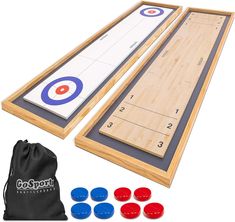 an image of two wooden bowling boards and six red, white and blue pins with drawstring bag