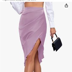 Never Worn Missed Return Deadline Midi Skirt With A Ruffle Edge Pleating On One Side, Makes It Super Flattering Over The Lower Stomach High Waisted Zipper Closure Has A Slight Stretch To It Size Medium Tts Unbranded, Purchased From Amazon Elegant Knee-length Purple Bottoms, Elegant Purple Knee-length Bottoms, Elegant Purple Mini Skirt For Night Out, Purple Midi Skirt, Lower Stomach, Ruched Midi Skirt, Bodycon Midi Skirt, Pleated Long Skirt, Satin Midi Skirt