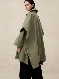 Cambria Cape-Coat | Banana Republic Trench Cape, Short Sleeve Coat, Dramatic Silhouette, Mac Coat, Color Block Coats, Cape Fashion, Fashion For Petite Women, Oversized Blouse, Cape Coat