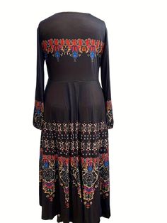 Plus Size Boho Dress, Women's Plus Floral Print Long Sleeve Round Neck Maxi Dress Bohemian Long Sleeve Stretch Dress, Stretch Bohemian Printed Dresses, Bohemian Stretch Printed Dresses, Black Stretch Bohemian Dress, Black Printed Tunic Dress, Black Floral Print Tunic Dress, Black Tunic Dress With Floral Print, Boho Kimono Outfit, Plus Size Boho Dress