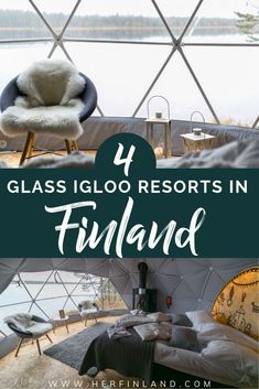 glass igloo resort in finland with text overlay