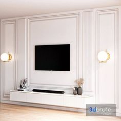 an entertainment center with a flat screen tv mounted on the wall and two vases in front of it