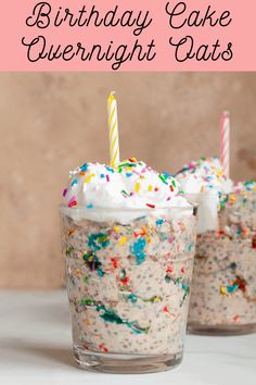 birthday cake overnight oats with sprinkles and candles in small glass cups