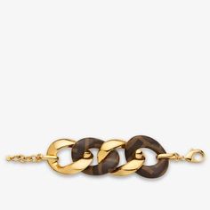 Large link chain bracelet. Clip closure. Made of gold-finish metal. Alternating nappa leather links printed with brown trompe-l'oeil effect FF motif. Made in Italy. One Size Bracelet Clip, Fendi Bracelet, Clutch Pouch, Boot Accessories, Ski Wear, Nappa Leather, Link Chain, Belt Bag, Arm Band