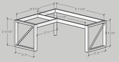 a drawing of a desk with measurements for the top and bottom section, including an angled corner