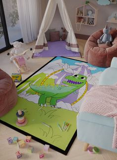 a child's playroom with toys and rugs on the floor in front of it