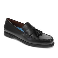 When it comes time to head to work or get ready for that special dinner reservation, you need a pair of men’s shoes that will complement any dress casual look, from jeans to slacks, while also keeping your feet comfortable and relaxed. Made with genuine leather uppers and linings and finished with detailed stitching these men’s loafers will easily carry you through any day, no matter what you have planned. These shoes come with Dockers Supreme Comfort massaging footbed and a moisture-wicking soc Black Leather Sole Loafers For Semi-formal Occasions, Masculine Semi-formal Loafers With Leather Sole, Black Plain Toe Slip-on Tassel Loafers, Black Loafers With Leather Footbed, Medium Width, Moisture Wicking Socks, Shoe Warehouse, Black Patent Leather Slip-on Tassel Loafers, Dress Loafers, Oxford Dress Shoes